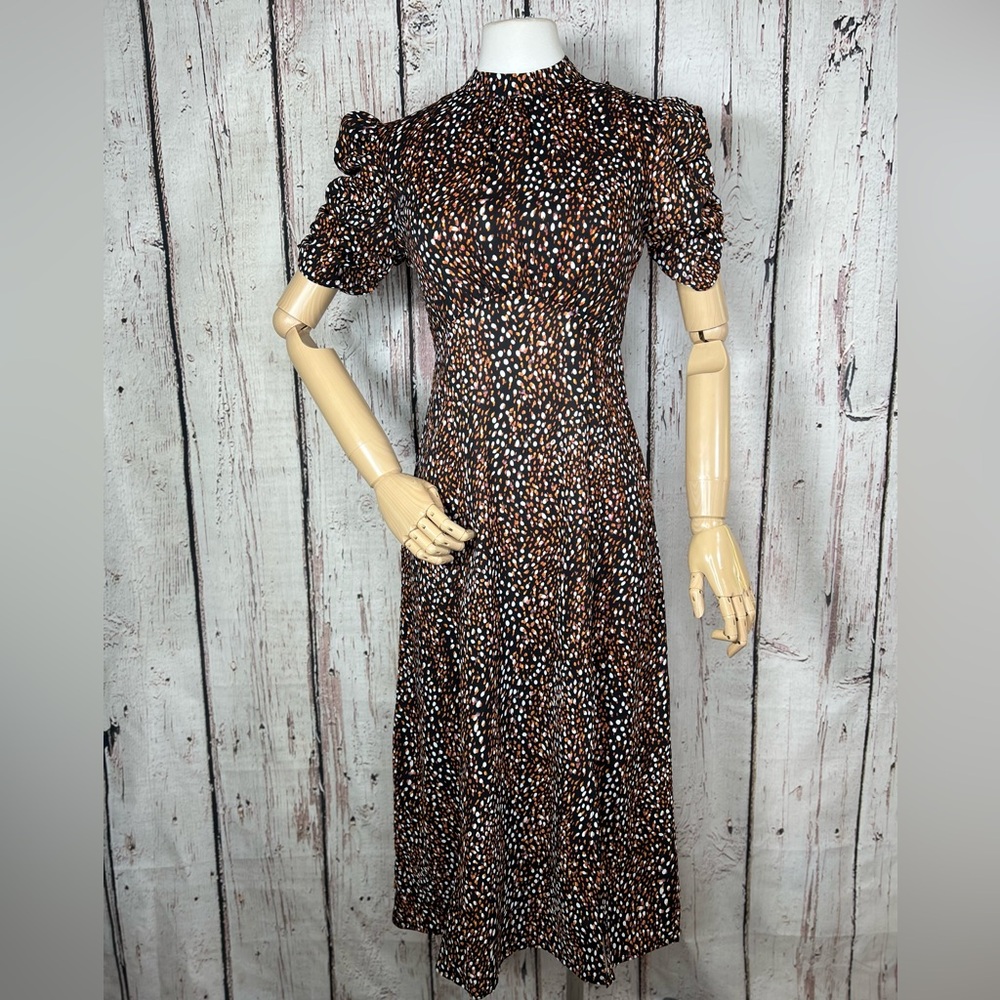 Nasty Gal Confetti Print Fit & Flare Retro Style Ruched Sleeve Midi Dress Size 0